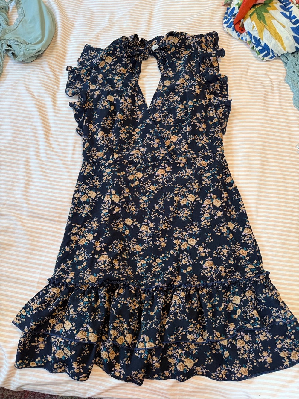 Navy Floral Ruffle Dress